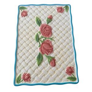 Temp-tations Ceramic Trivet Hotpad Basket Weave Pink Roses 6x9 Cottage Core